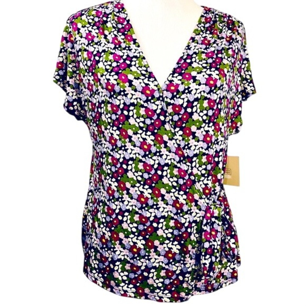 14th & Union Womens Small Floral Wrap Top V-Neck Short Sleeve NKT411 Navy Multi